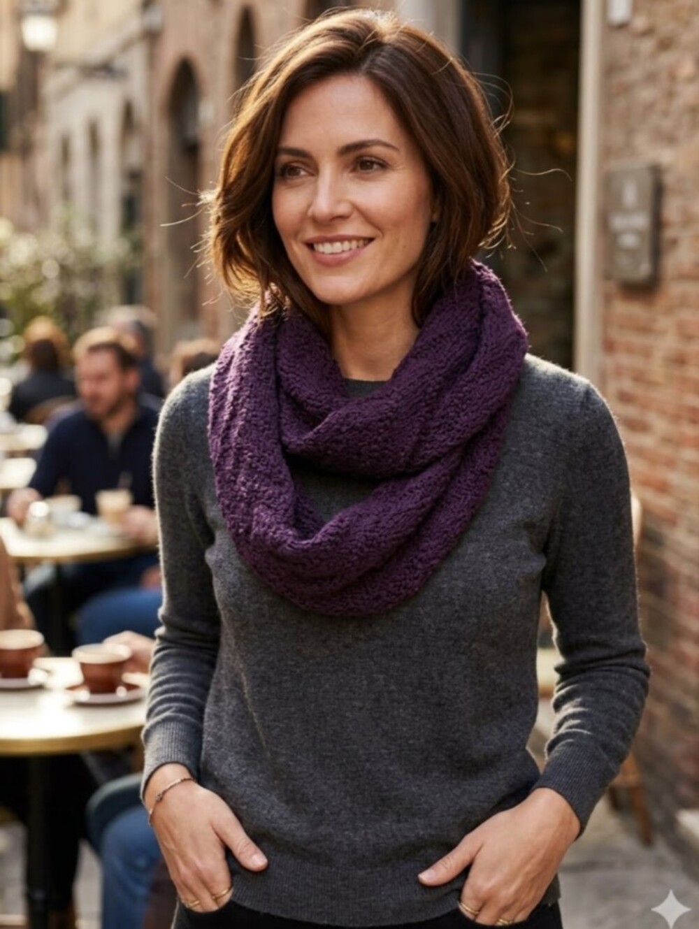 Hand Knit Wool Blend Infinity Scarf Diagonal Wave Pattern Plum Purple
